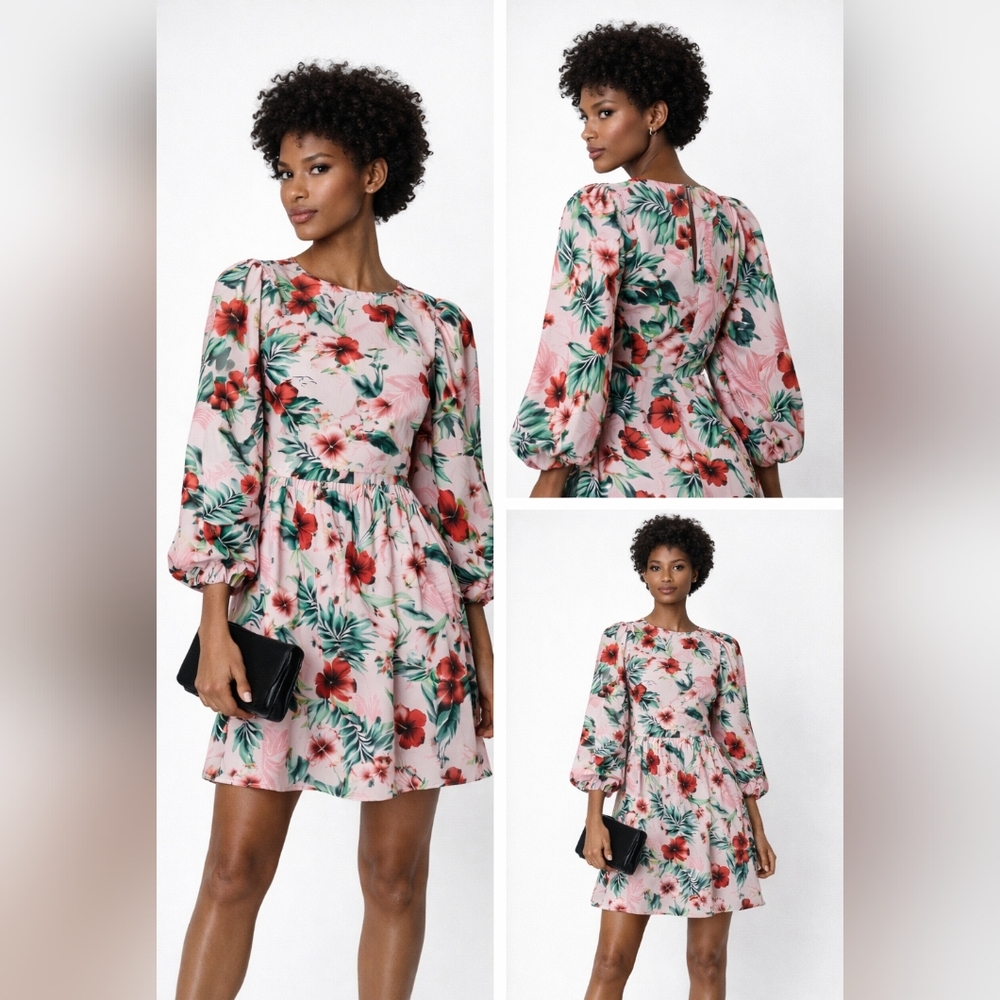 Nwt LES RÊVERIES Floral Silk Mini Dress Blouson Puff Sleeves Hibiscus Palms - Picture 11 of 12